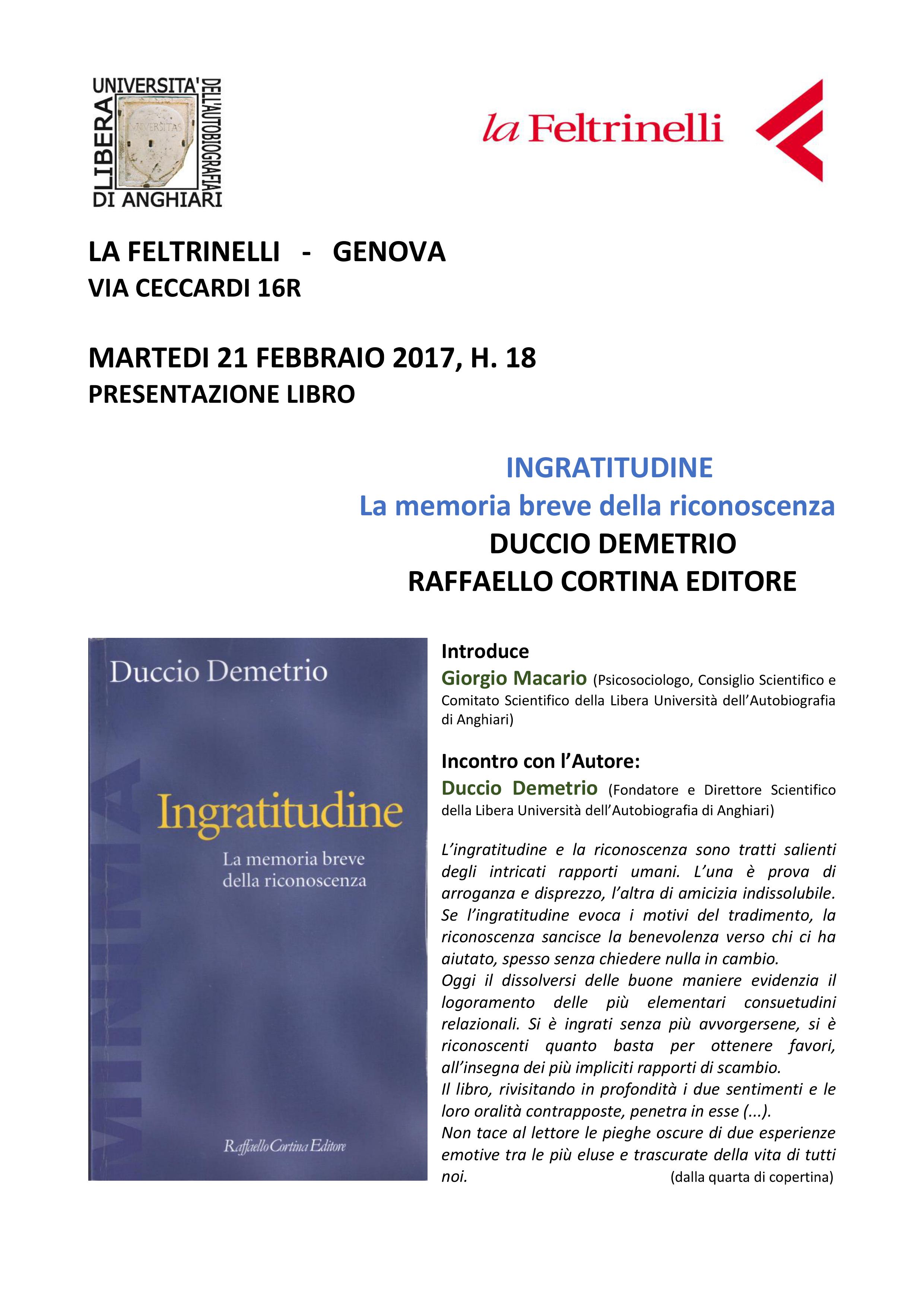 DUCCIO DEMETRIO –  INGRATITUDINE. La memoria breve della riconoscenza.